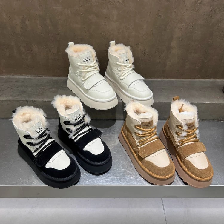 回力瑞皮毛一体雪地靴2023冬新款厚底魔术贴加绒加厚保暖防滑棉鞋