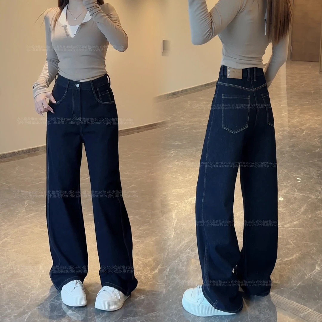 小鱼故事丹宁原生色三本针牛仔裤秋新无弹窄版休闲女流浪丹宁