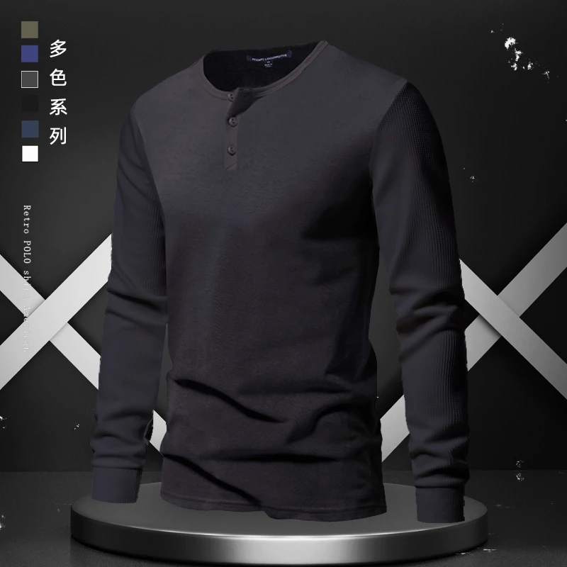 亨利衫长袖男阿美咔叽纯色上衣重磅开襟复古纯棉T恤 亨利领打底衫