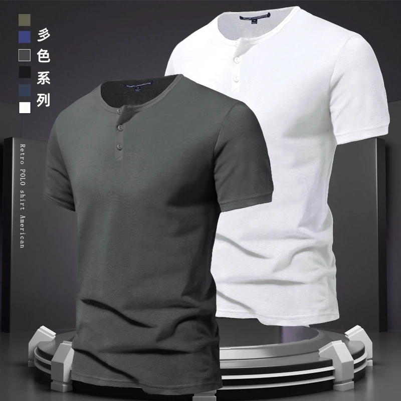 亨利领美式复古重磅阿美咔叽短袖亨利衫夏季纯白色微弹硬汉T恤男