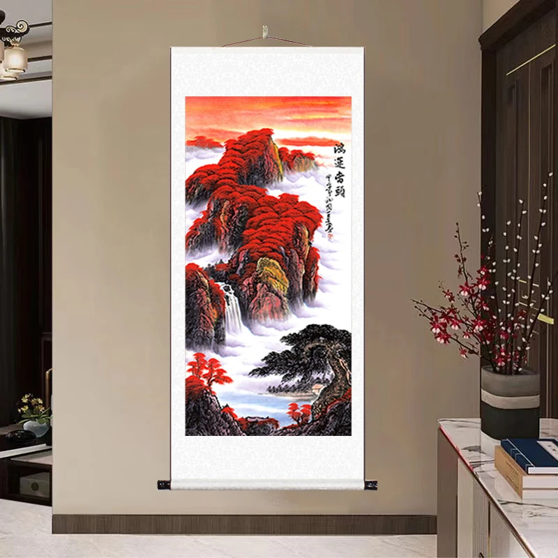 《鸿运当头》 新中式大气背景墙竖幅玄关挂画国风山水风景装饰画Q1