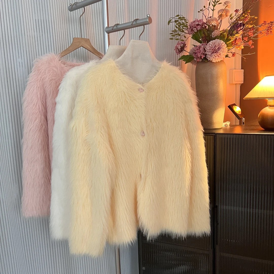 【紫紫】轻奢小香风名媛毛毛外套女秋冬网红气质设计师针织开衫毛衣