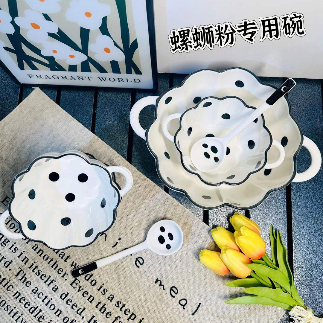 赫本波点汤碗双耳陶瓷碗大容量螺蛳粉专用家用高颜值ins日式餐具