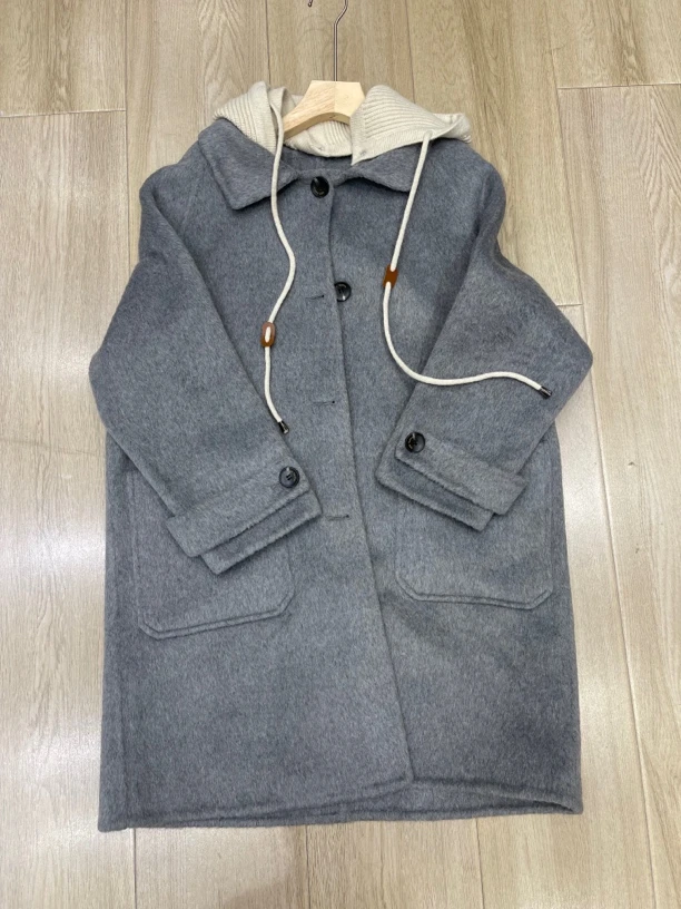 【大欣家】5225连帽皮绳羊绒大衣