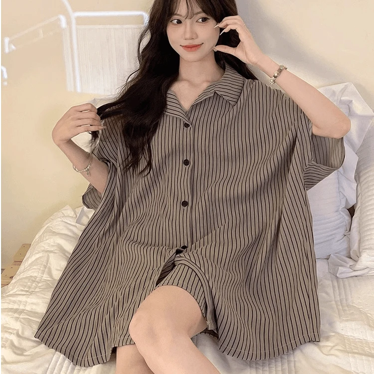 新款睡衣女衬衫短袖宽松条纹休闲高级感可外穿大码夏季家居服套装