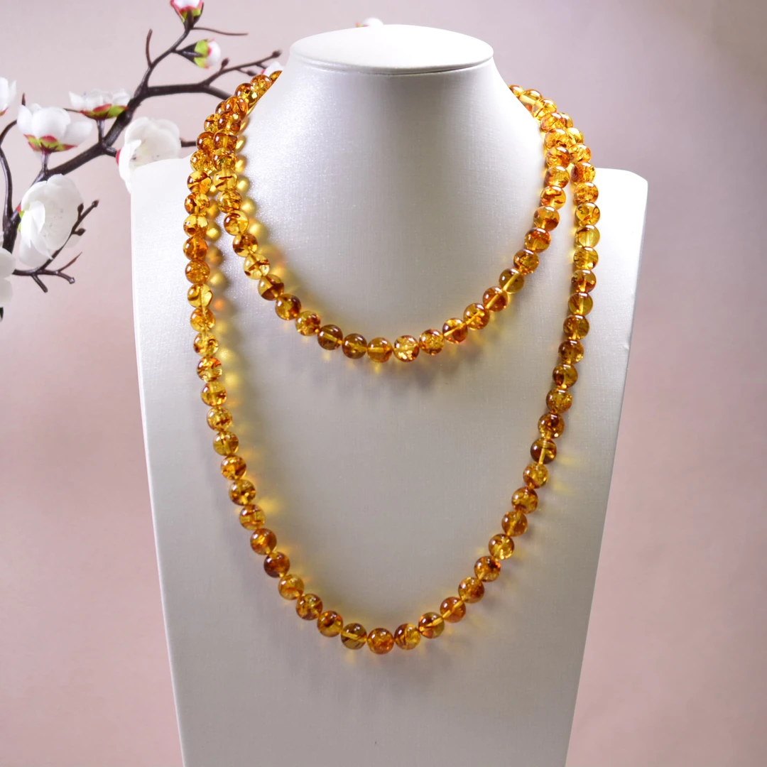 晨玺珠宝-花珀108珠串8+毛衣链俄罗斯天然琥珀精美长链金色吸睛