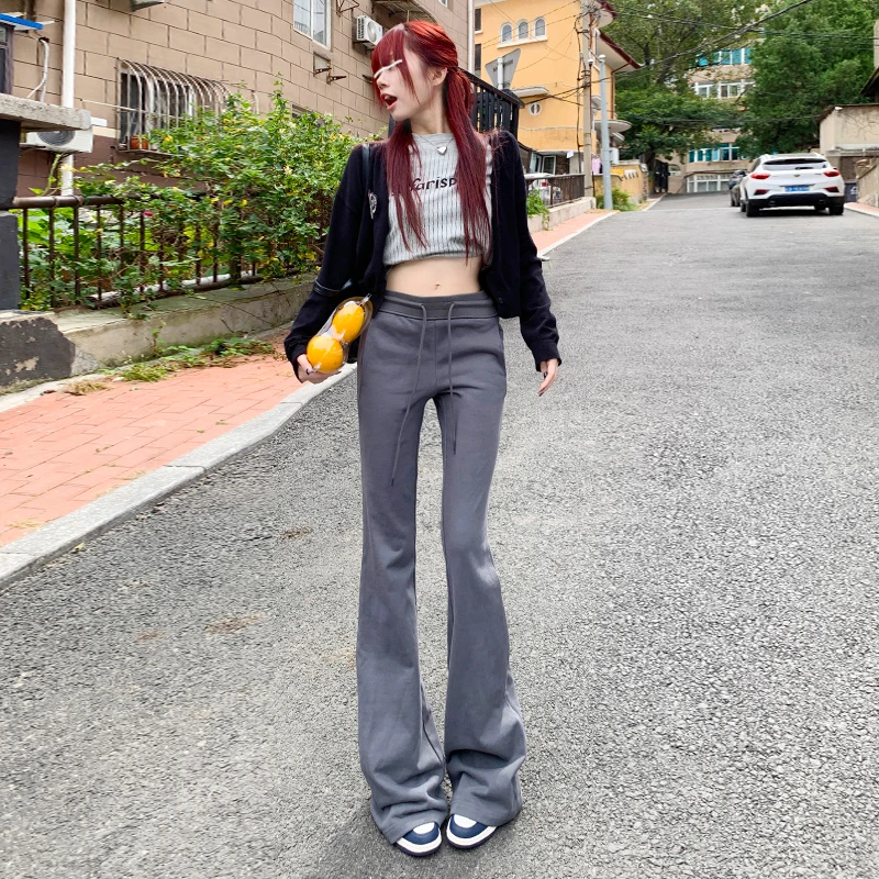 美式辣妹微喇叭裤女春秋新款低腰露肚脐弹力显瘦抽绳瑜伽休闲卫裤