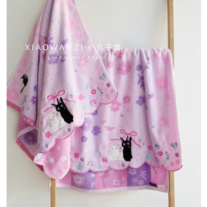 外贸日本粉色JIJI猫纯棉刺绣魔割绒玛丽猫柔软大方巾毛巾浴巾