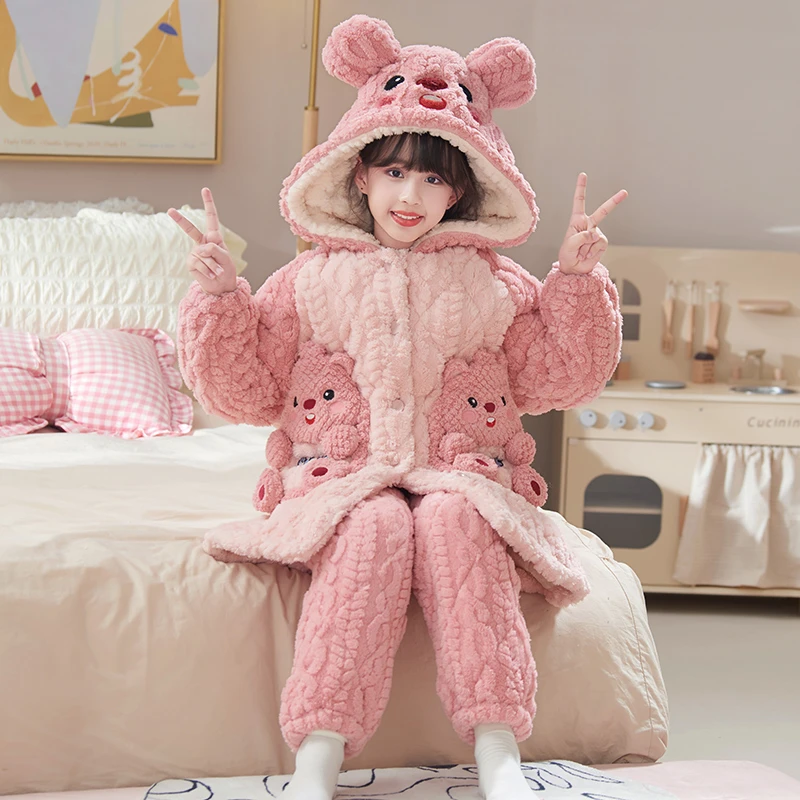 YUZHAOLIN/俞兆林女童冬季加厚款珊瑚绒三层夹棉可爱风睡袍两件套