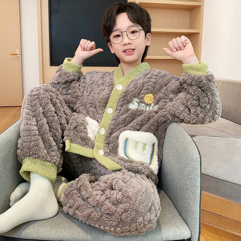 YUZHAOLIN/俞兆林时尚加厚款珊瑚绒秋冬季男大童开衫居家睡衣套装