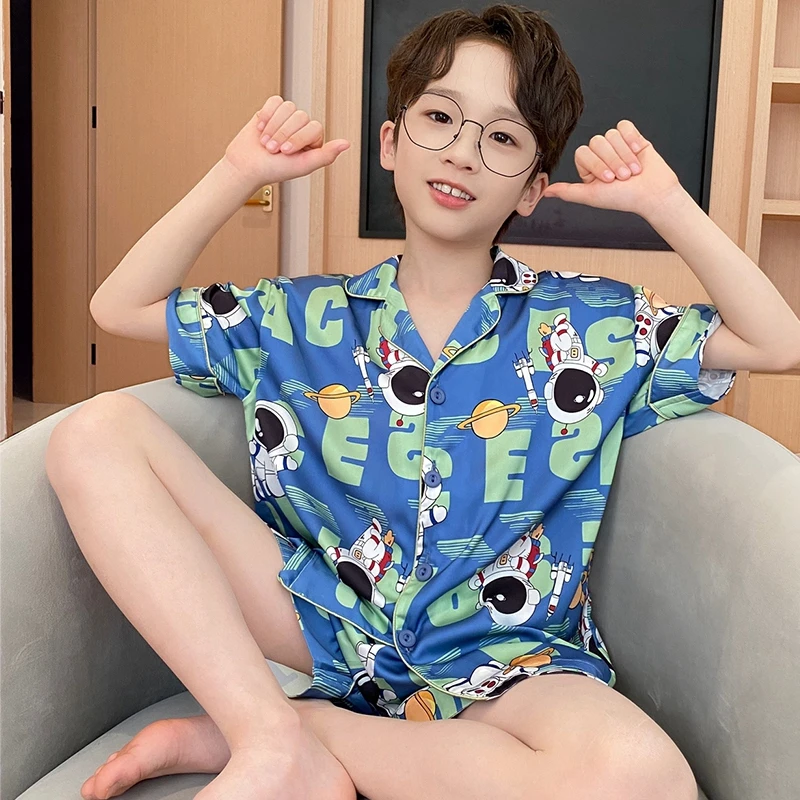 YUZHAOLIN/俞兆林薄款短袖翻领冰雪丝儿童家居服男童帅气睡衣套装
