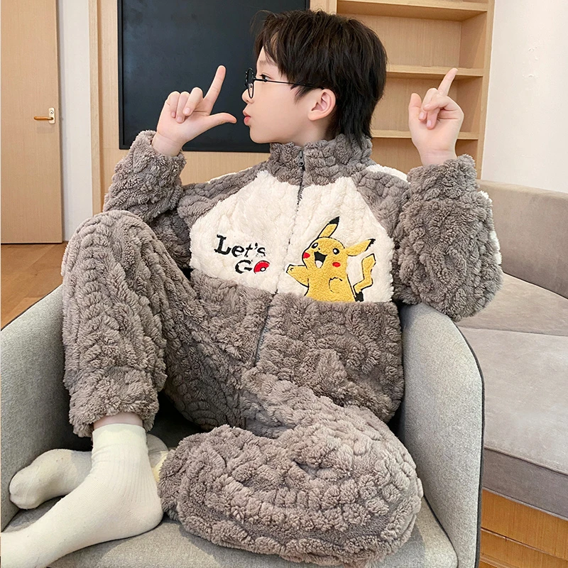 YUZHAOLIN/俞兆林时尚洋气小男孩秋冬季珊瑚绒拉链睡衣家居服套装