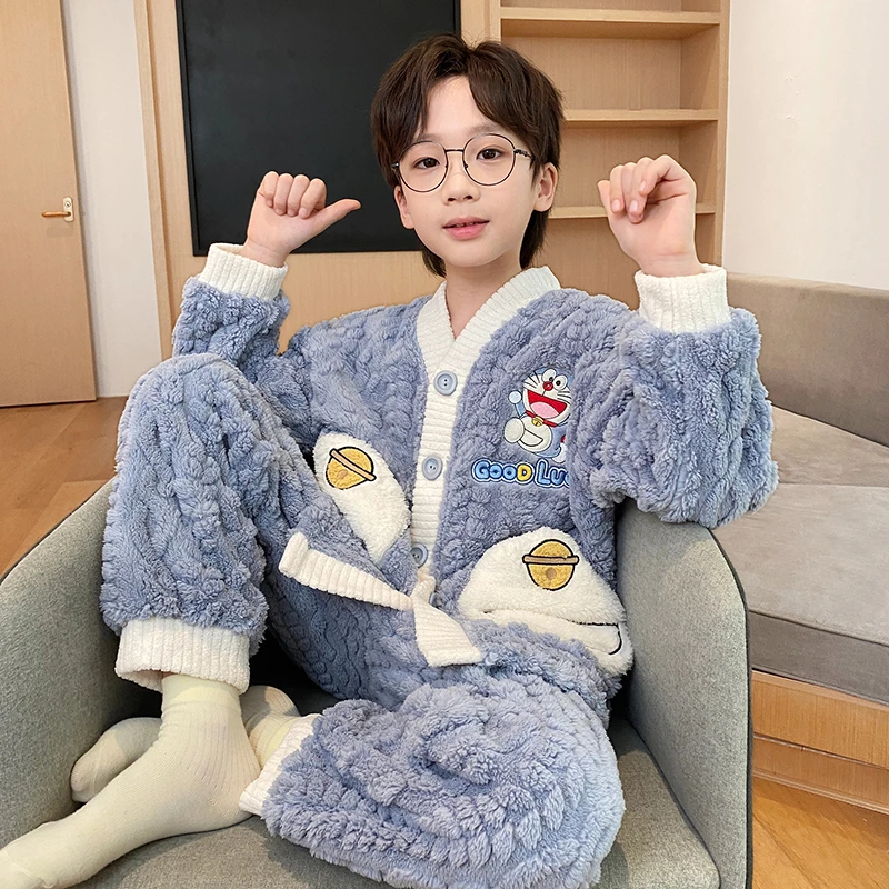 YUZHAOLIN/俞兆林加厚款珊瑚绒男童中大童秋冬季卡通V领睡衣套装