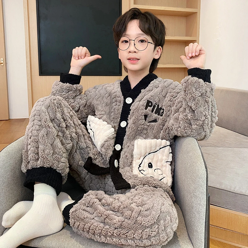 YUZHAOLIN/俞兆林卡通洋气秋冬季小男孩长袖珊瑚绒保暖睡衣两件套