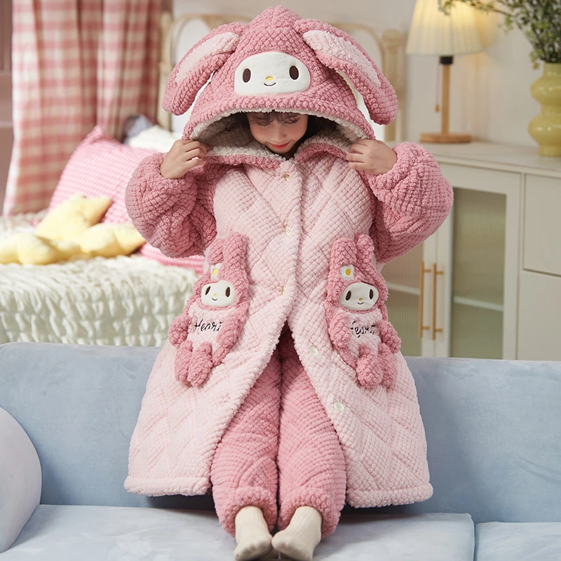 YUZHAOLIN/俞兆林珊瑚绒三层夹棉小女孩可爱连帽睡袍保暖开衫睡衣
