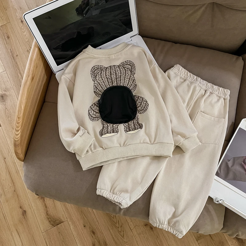 秋季男童长袖小熊卫衣二件套后书包韩版休闲宽松圆领上衣秋款套装