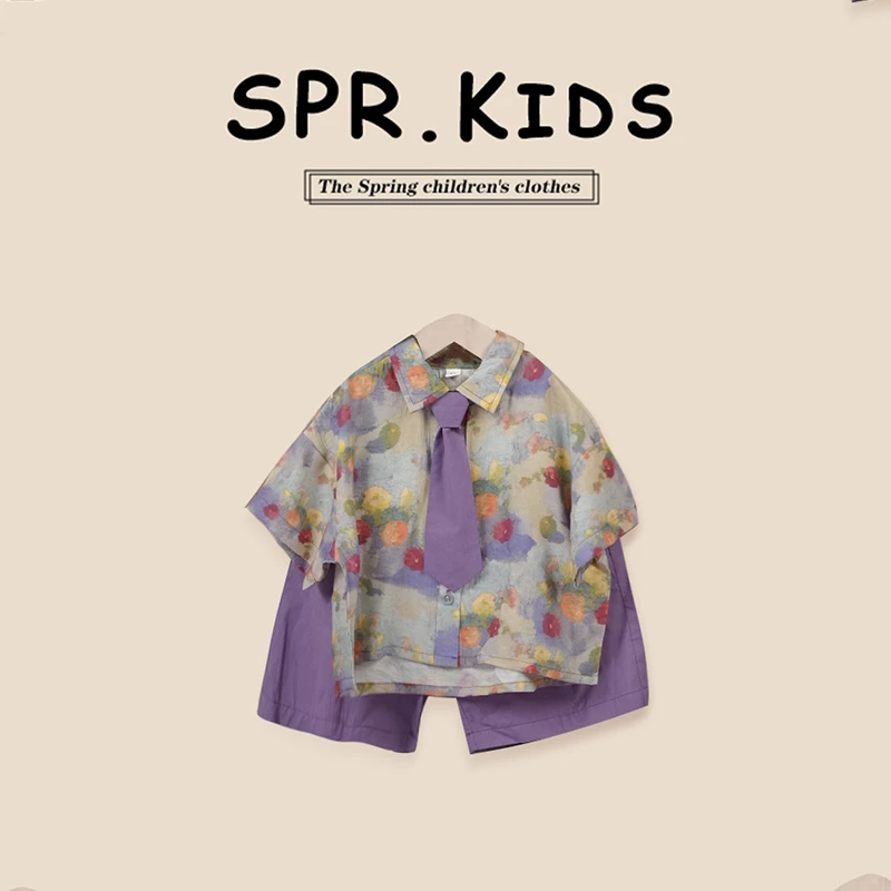 男童衬衫套装2025新款中小童港风儿童花衬衫复古海边沙滩度假衬衣