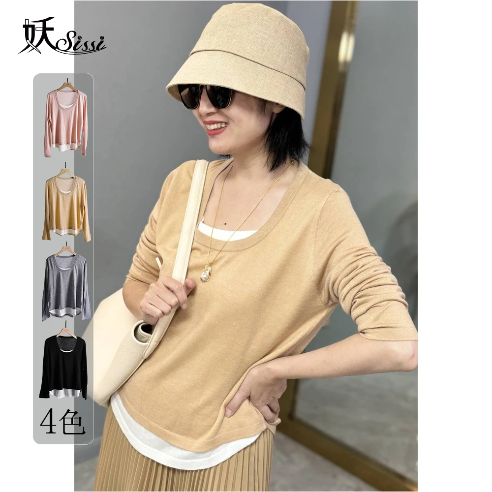 24秋冬含丝绒假两件U领长袖衫