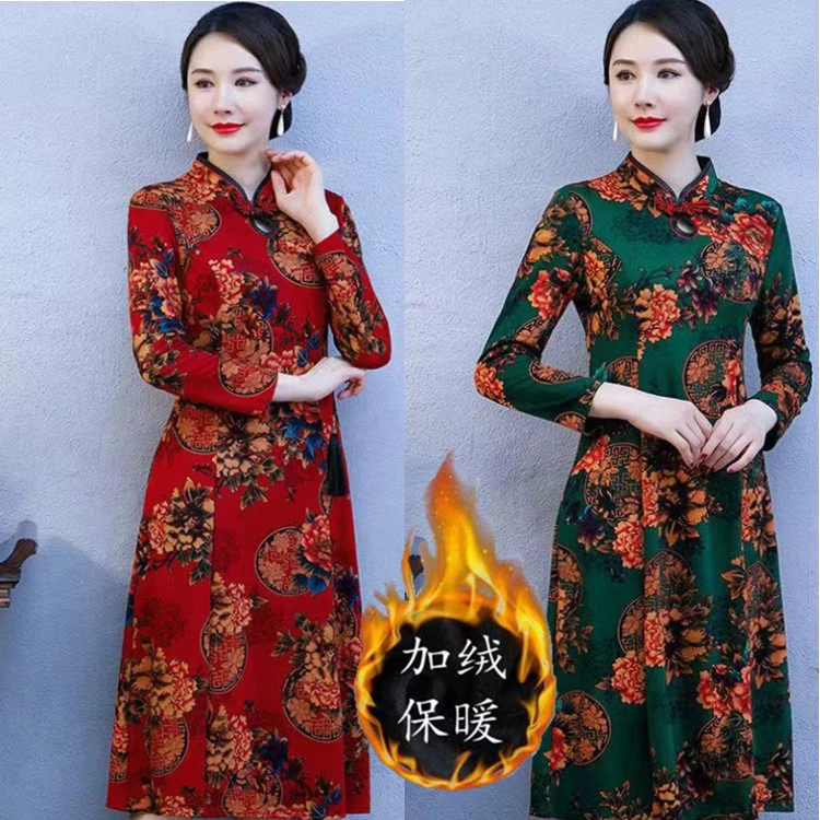 妈妈装长款修身秋冬韩版加绒加厚宽松时尚印花改良旗袍连衣裙