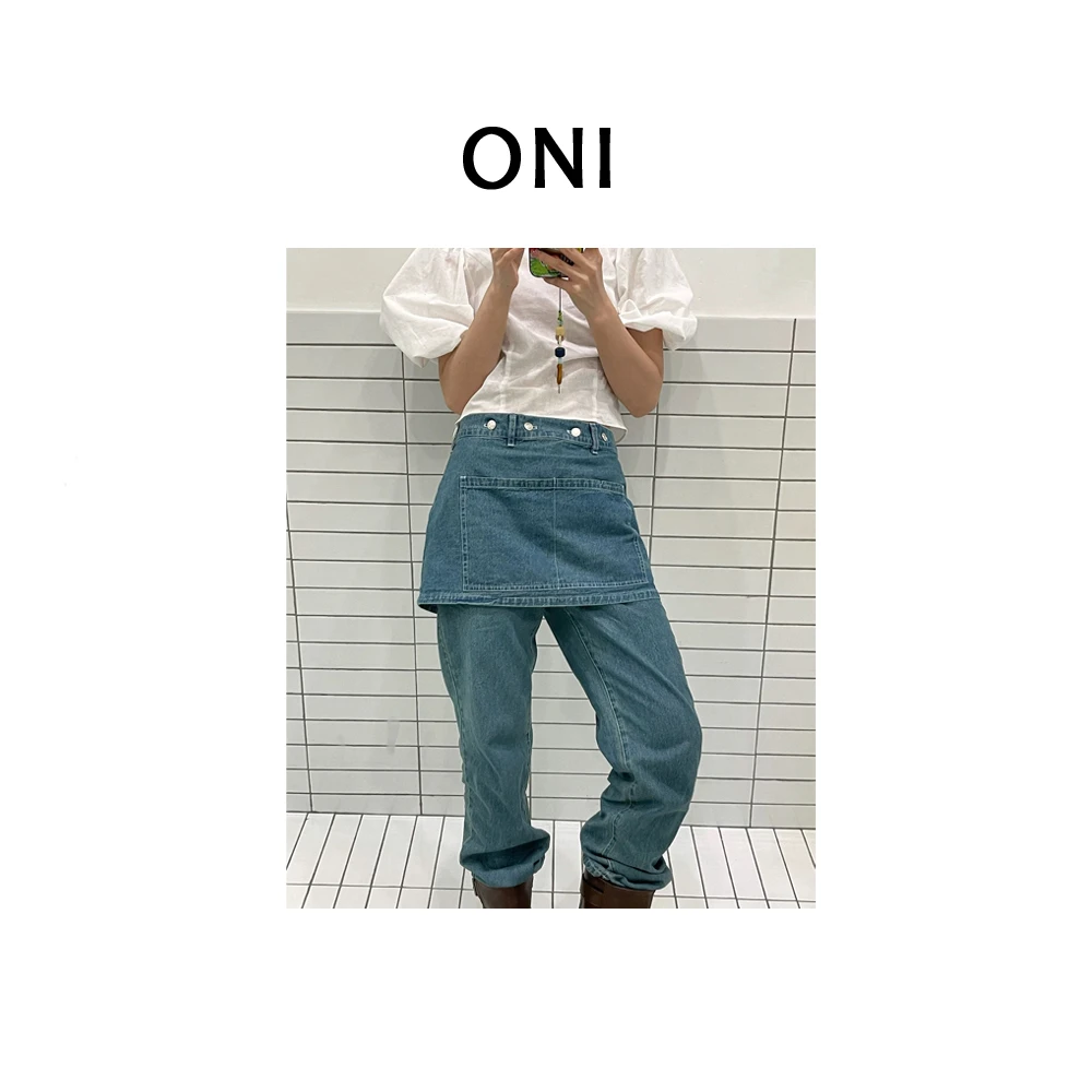 OUNI “ 埃法特岛青藤“ 可拆卸~小众复古围裙宽松休闲直筒牛仔裤