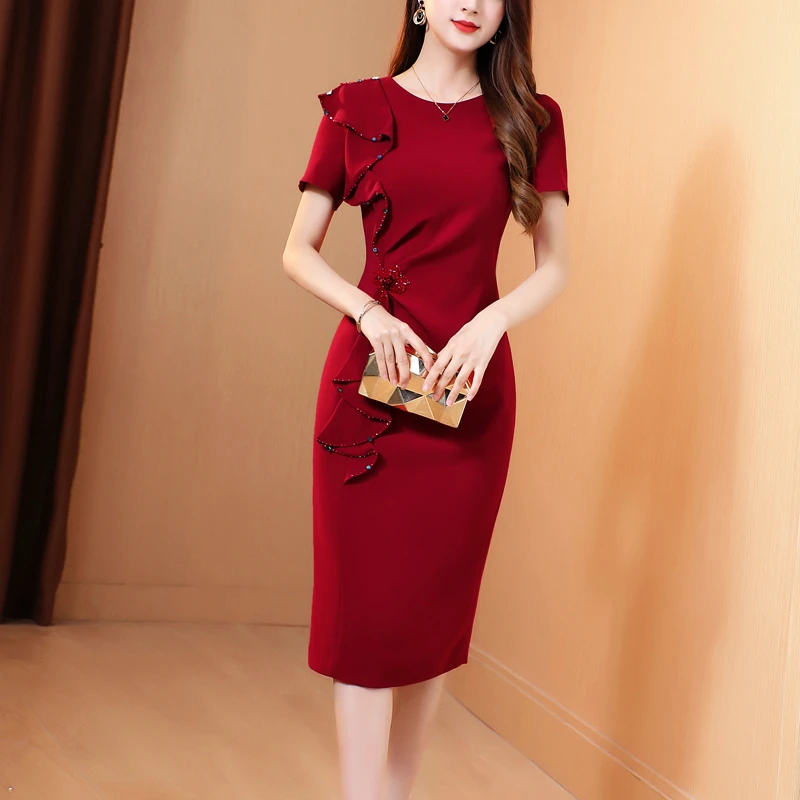 [深圳南油]酒红色礼服连衣裙女2025夏装新款喜婆婆大码包臀裙子