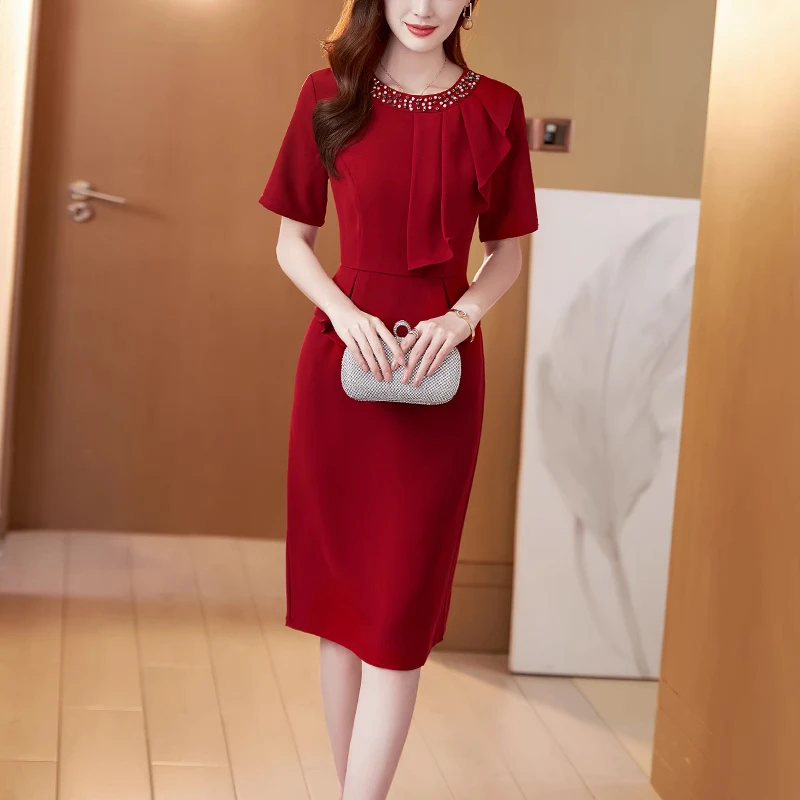 [深圳南油]红色礼服裙2024夏季新款高级感喜庆婆婆妈妈钉珠包臀裙