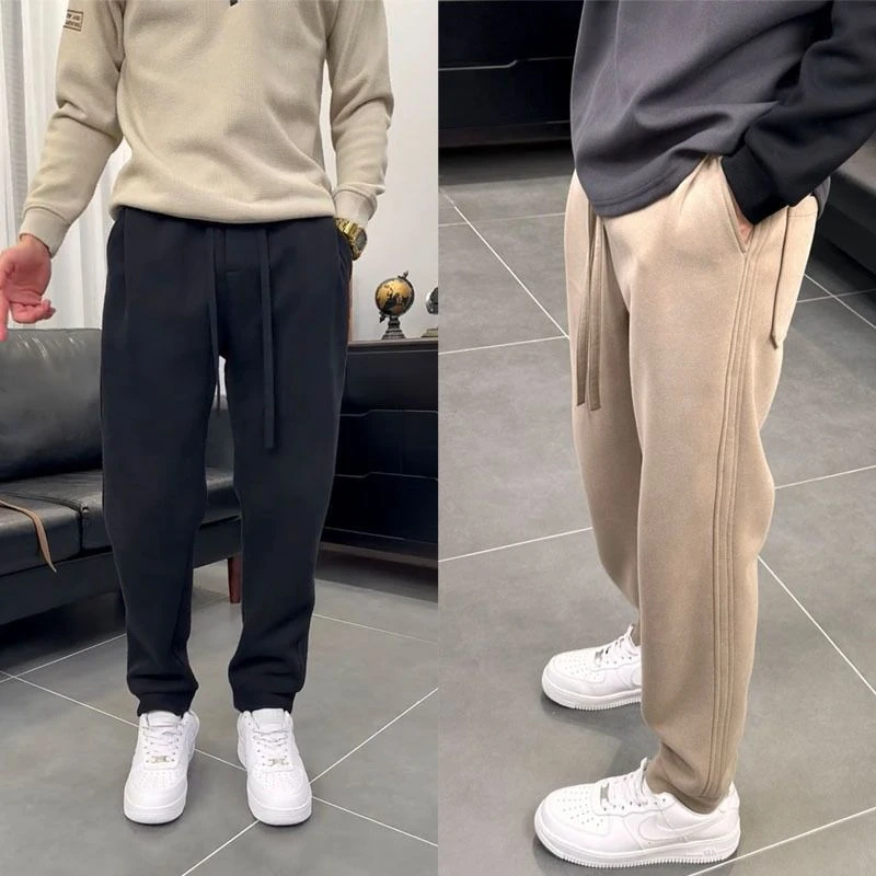 秋冬新款加绒加厚纯色运动卫裤男士立体剪裁休闲裤潮流宽松直筒裤