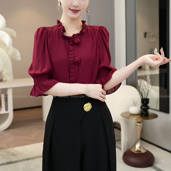 现货2025夏季新款【ZM24-X377】高级感轻奢气质木耳边设计红色上衣