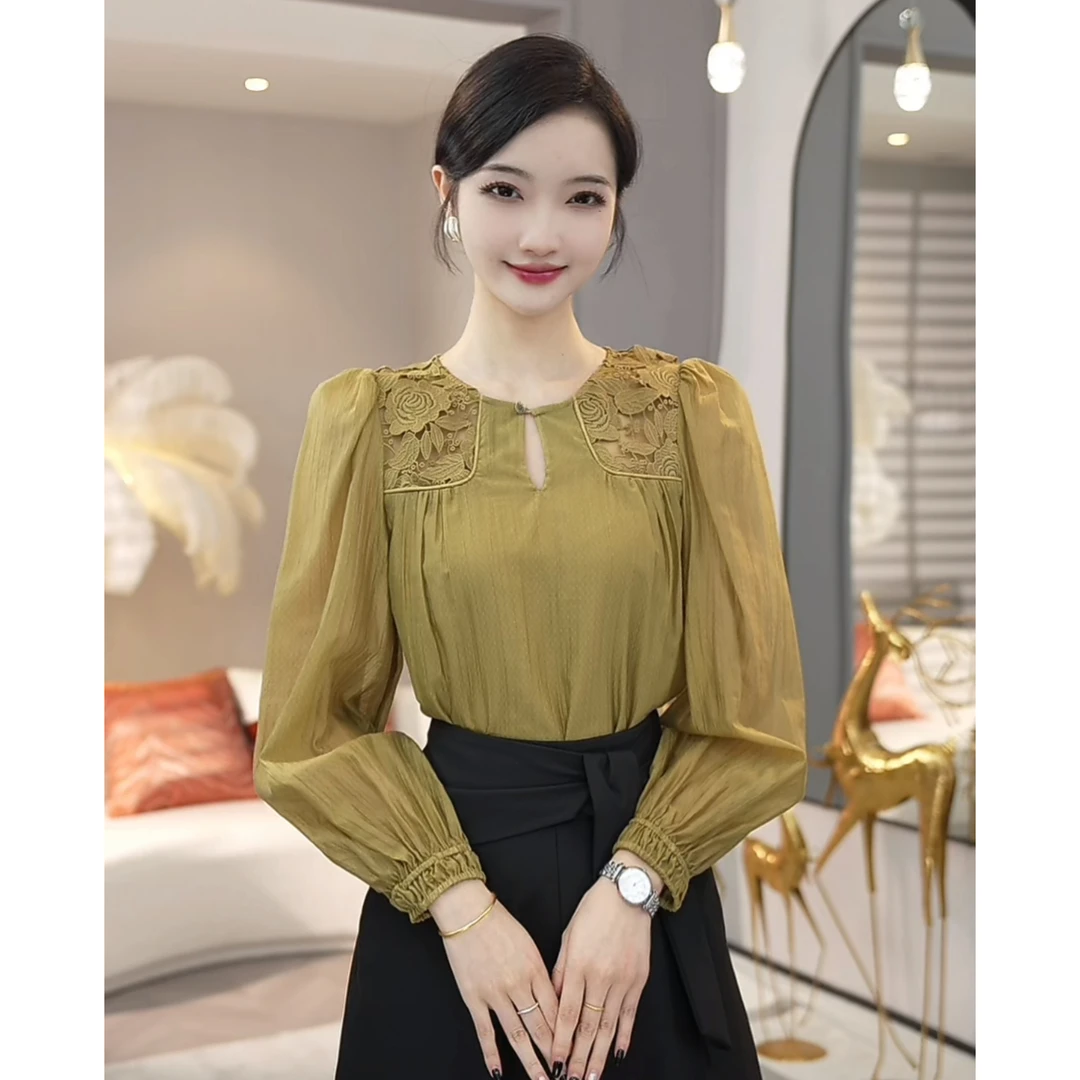 现货2025春季新款【ZM23-X104】气质小众时尚绿色长袖圆领衬衫上衣