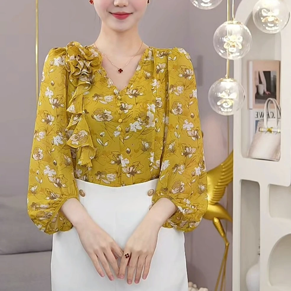现货2025夏季新款【XY23-X111】气质百搭黄色碎花舒适衬衫法式上衣