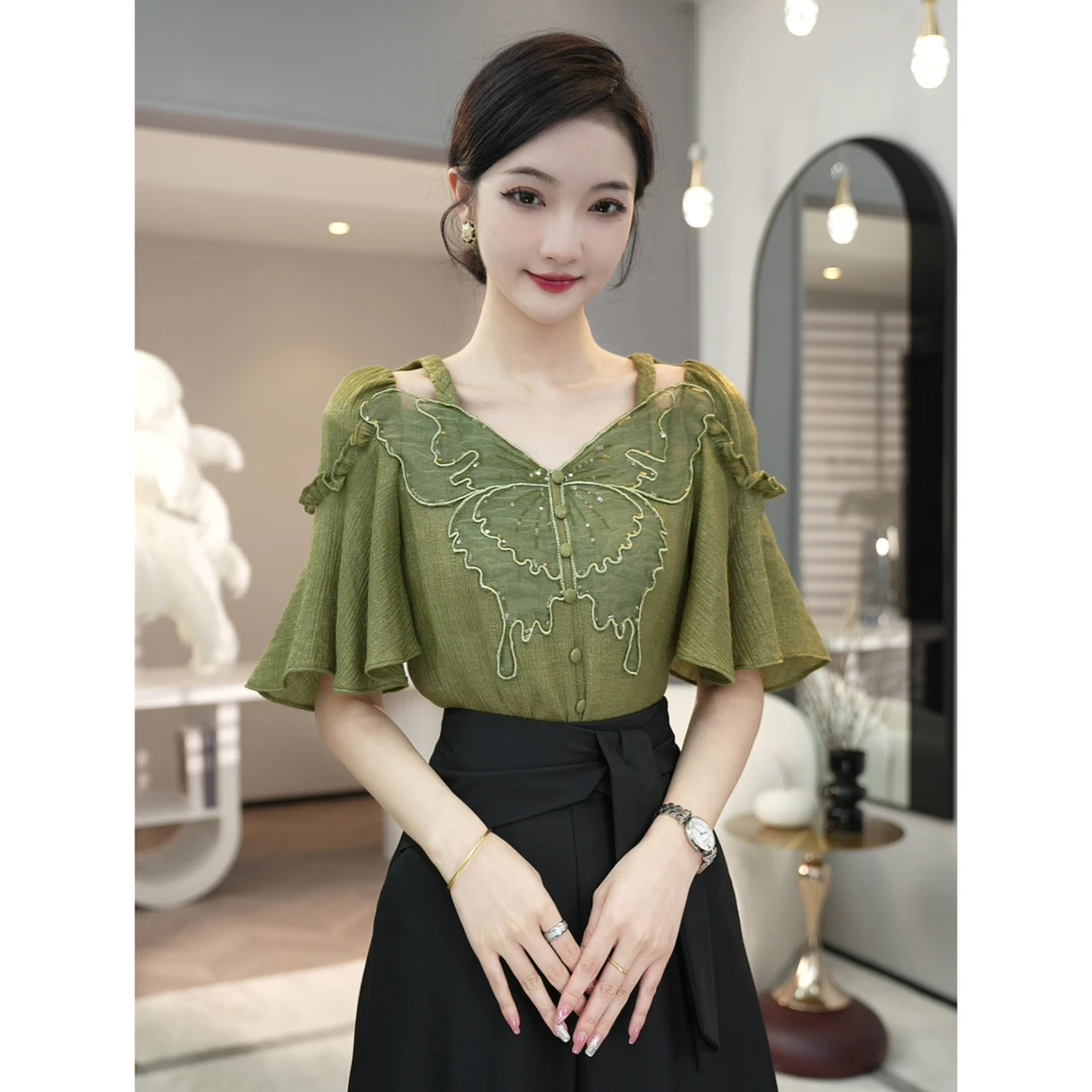 唐熹现货2026夏季新款【X24-X80】高级设计绿色蝴蝶短袖衬衫上衣女