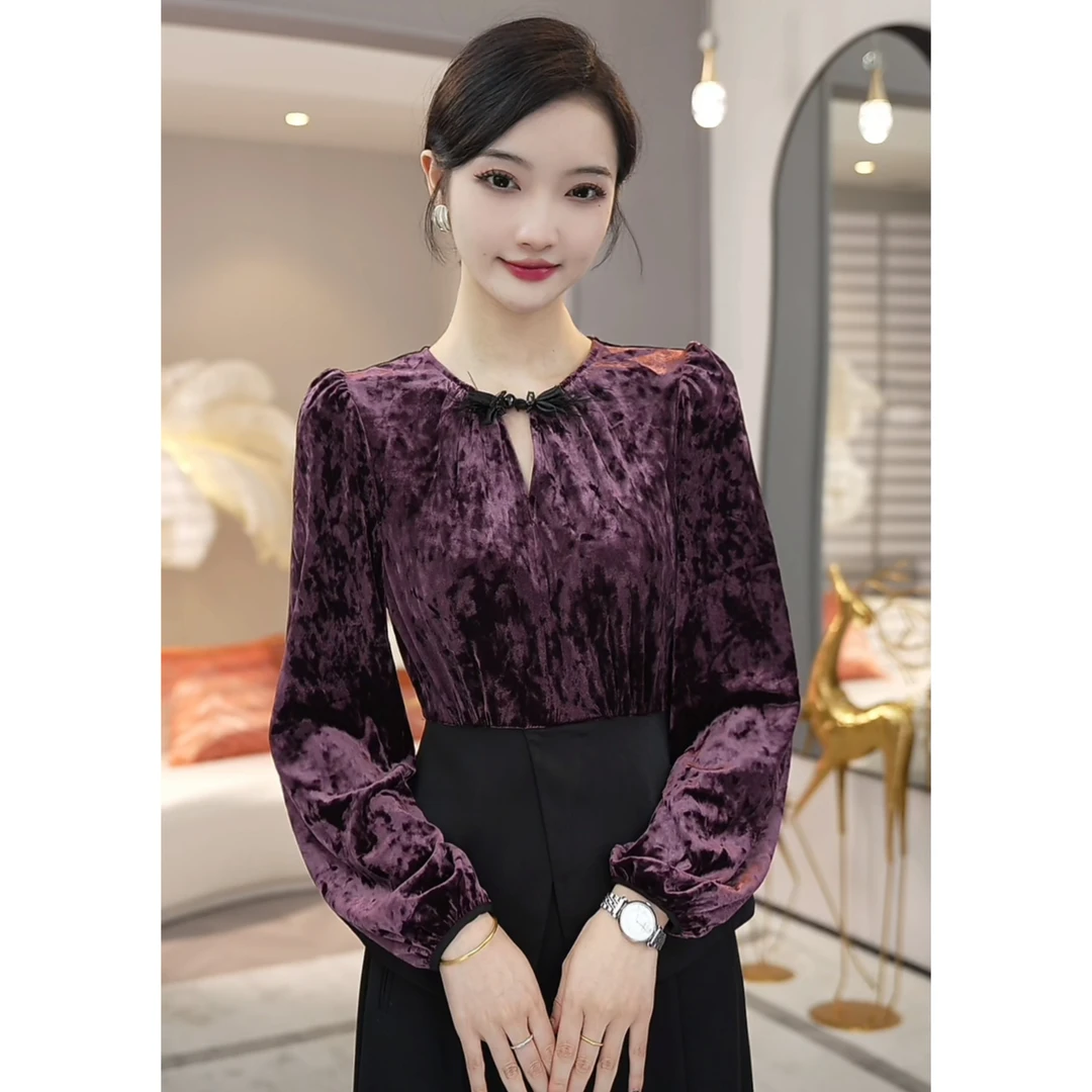 现货2025春季新款【JQ3-710】法式高级感轻奢气质百搭金丝绒上衣