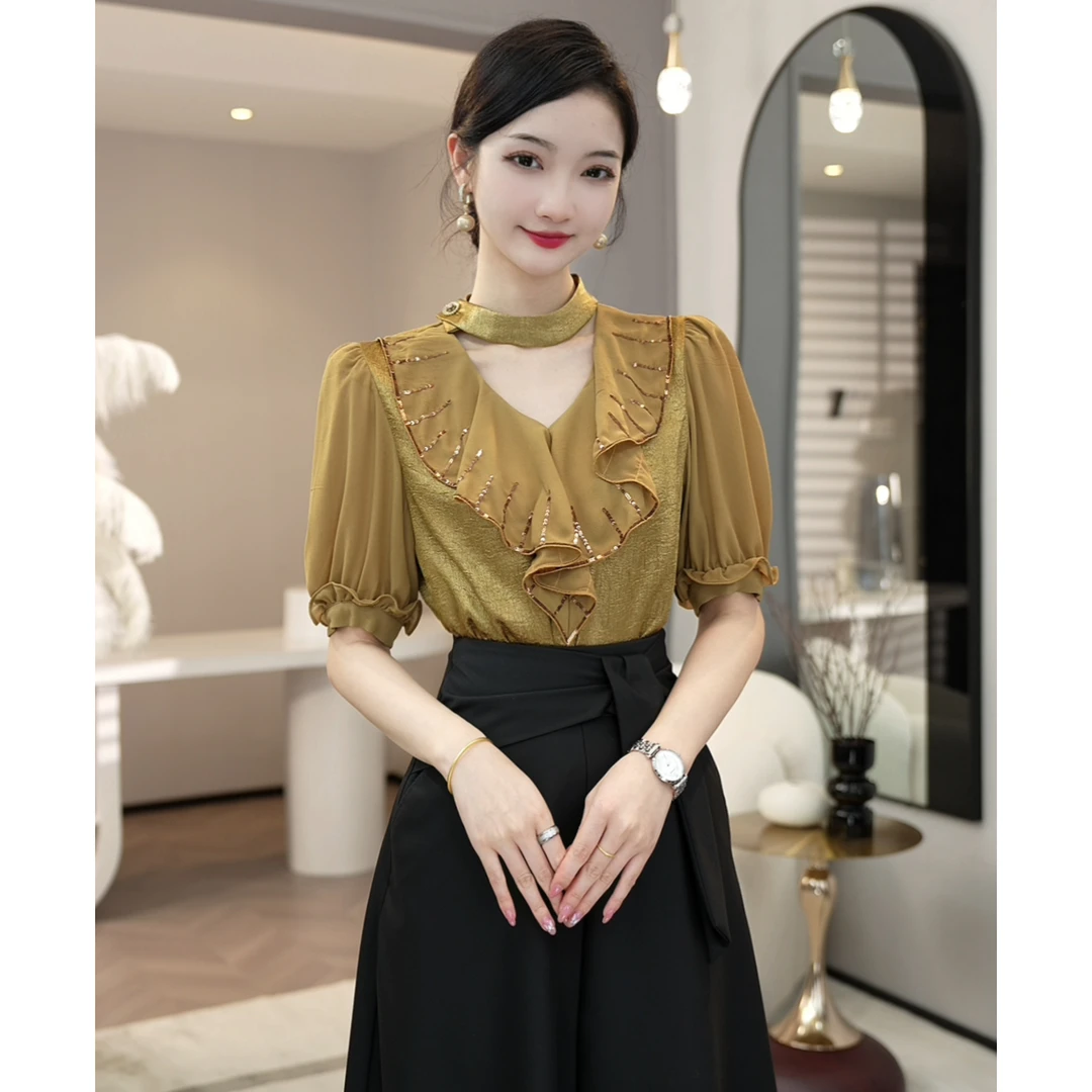 现货2025夏季新款【DD-6163】气质法式潮流小众金色V领时尚衬衫上衣