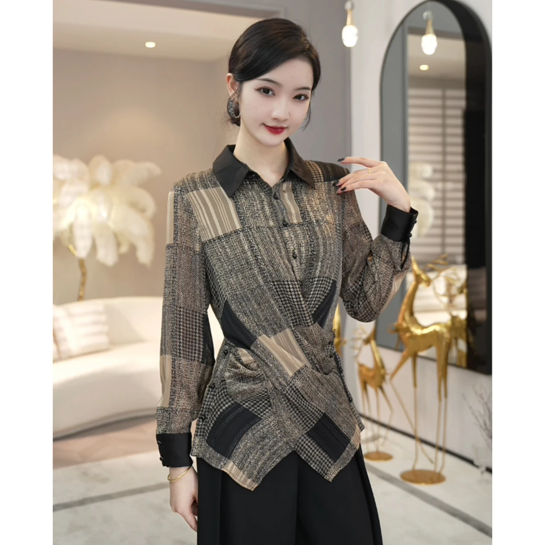 现货2025春季新款【2891】高级感小众设计师重工格纹轻奢长袖上衣女