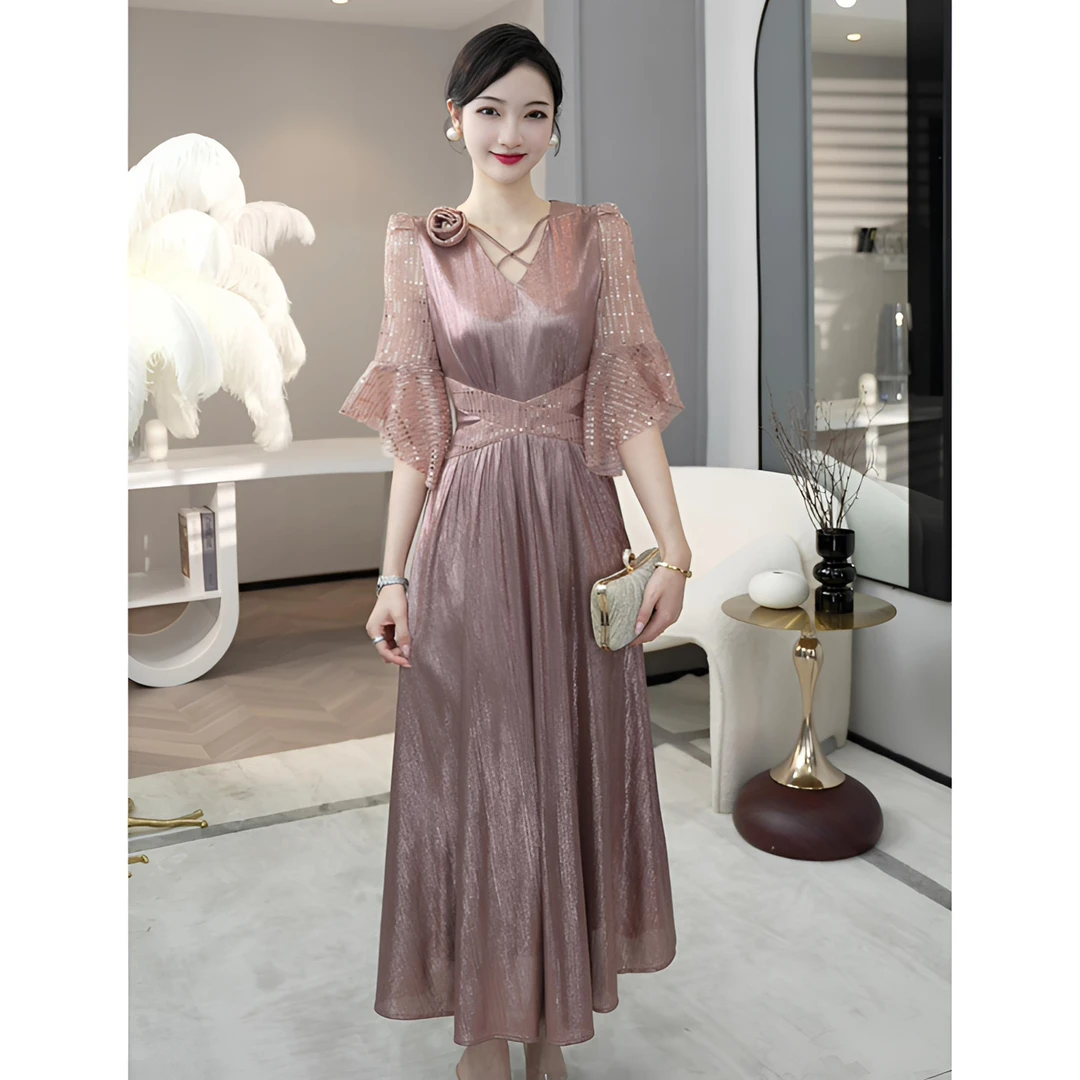 现货2024夏季新款【LT24-C220】气质香槟粉色裙子显瘦交叉领连衣裙