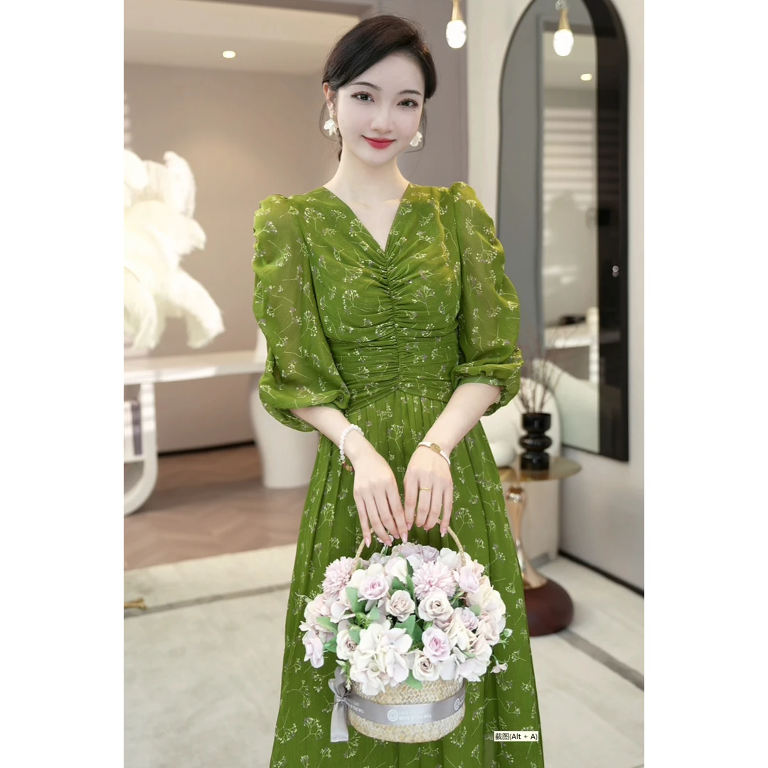 现货2025夏季新款【DD-09#】法式茶歇裙小众设计绿色碎花显瘦连衣裙