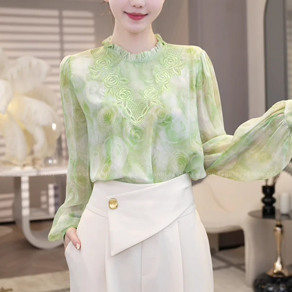 现货2026夏季新款【4613】法式温柔风设计高级感绿色长袖衬衫上衣女