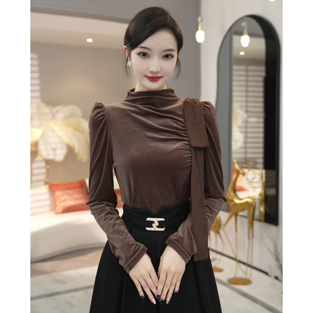 2025春秋新款【3016】纯色丝绒百搭洋气时尚显瘦小众设计上衣女