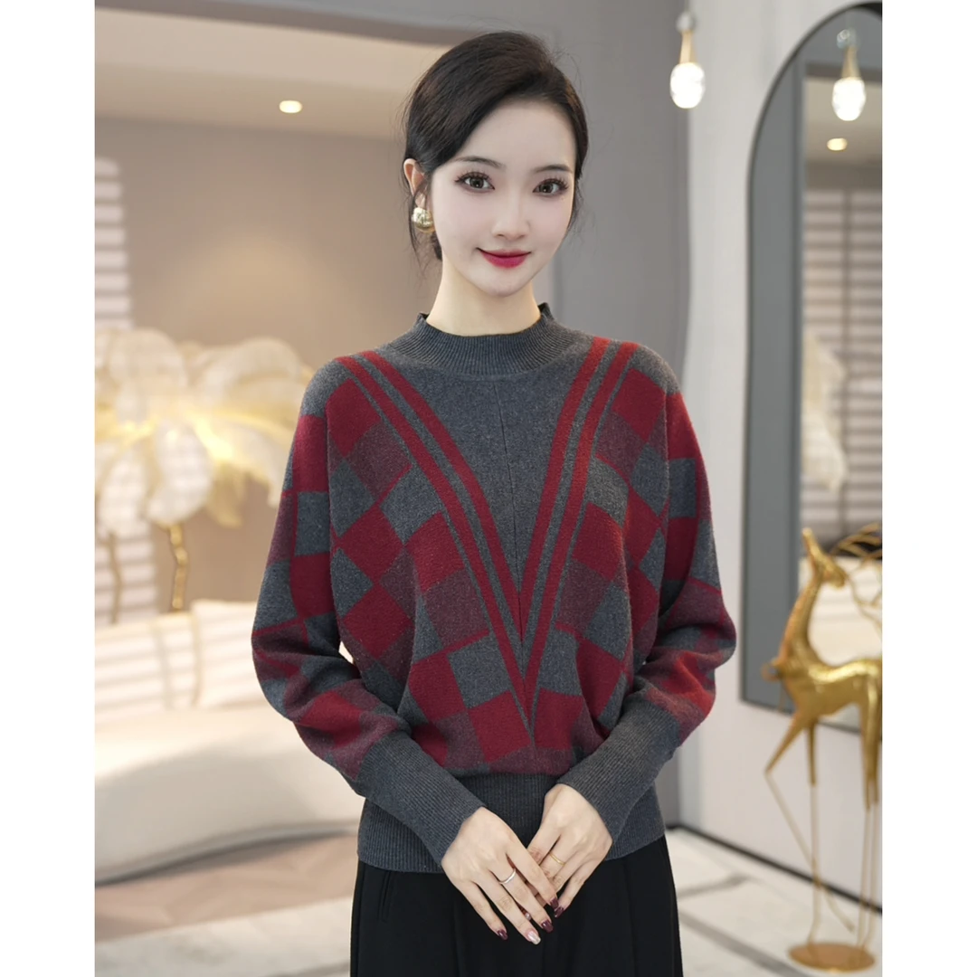 唐熹现货2026秋冬季新款【6609】含绵羊毛红灰拼色设计感打底针织衫