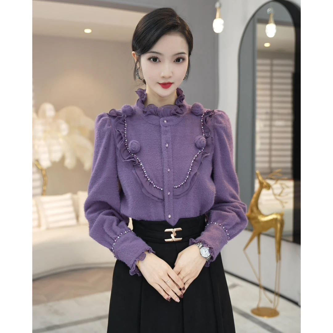 预售2025秋冬季新款【LT24-Q811】加厚磨毛设计紫色长袖衬衫上衣女