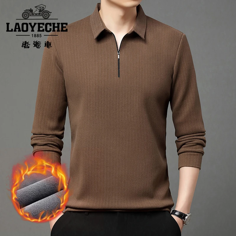老爷车【加绒加厚】冬季新款翻领长袖T恤宽松男装衬衫领保暖polo衫