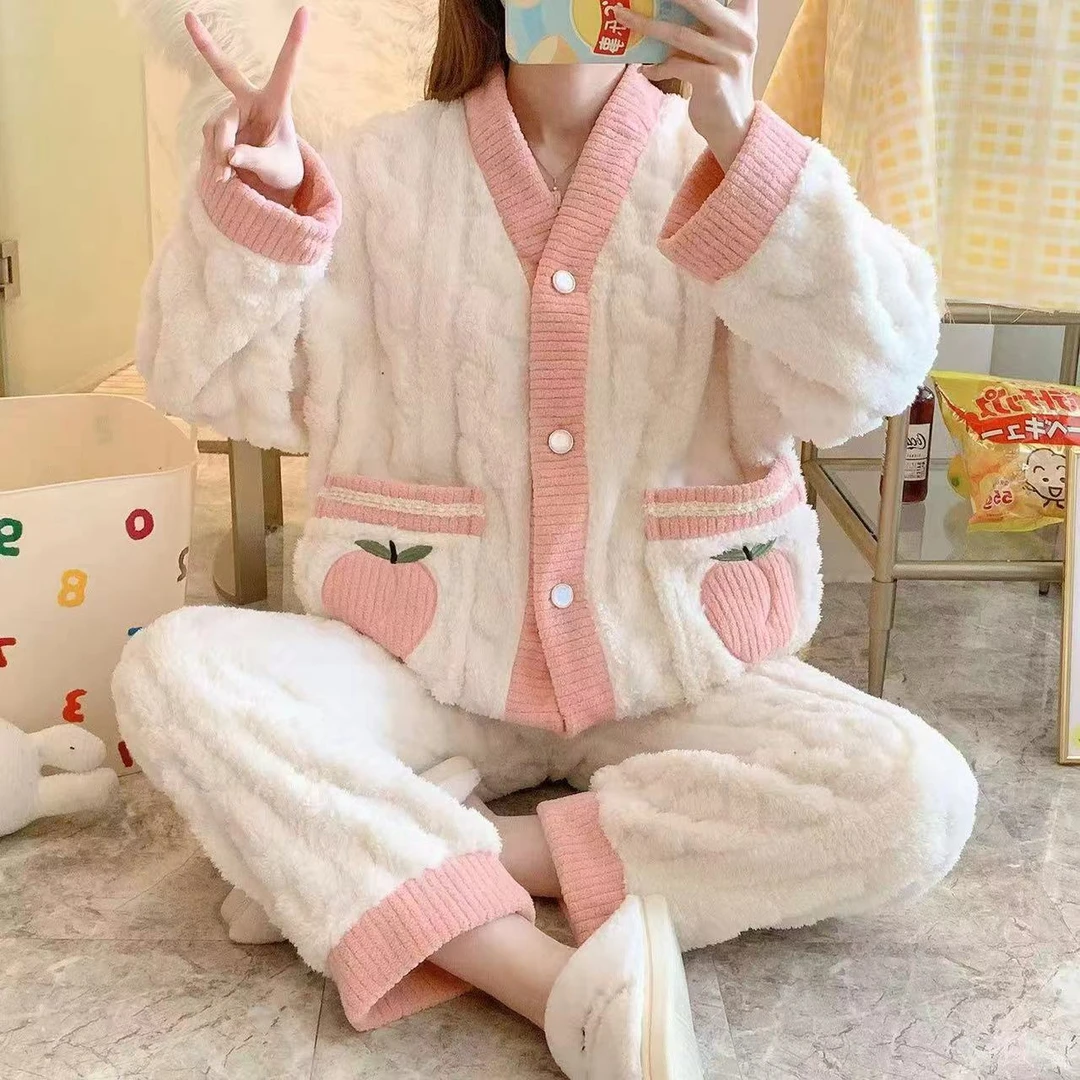 YT33冬季睡衣女士保暖休闲加厚加绒学生长袖宽松家居服套装