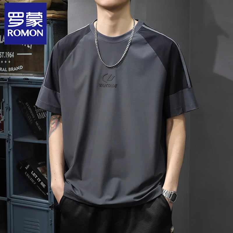 罗蒙新款夏季薄款冰丝短袖t恤男运动透气速干ins潮牌撞色宽松体恤