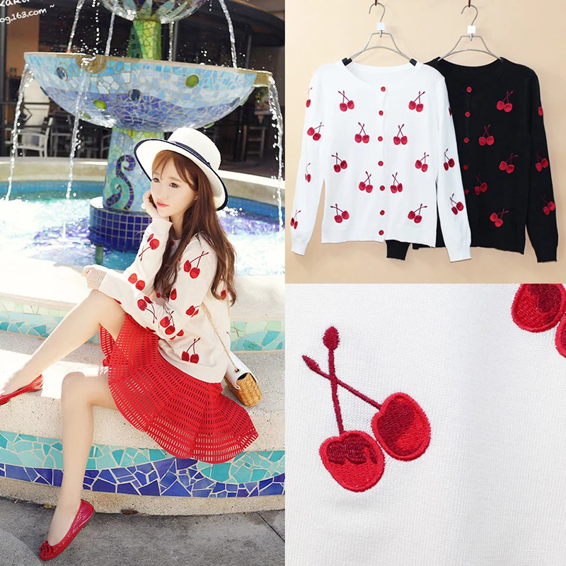 春秋新款百搭前后樱桃刺绣圆领开衫女装洋气针织衫薄款学院风外套