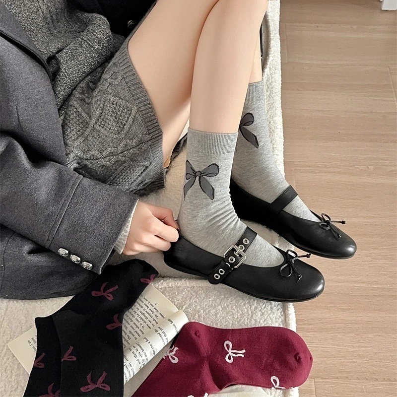 【安可好袜】韩系蝴蝶结满印爱心中筒袜miu系花边无骨高级感棉袜女