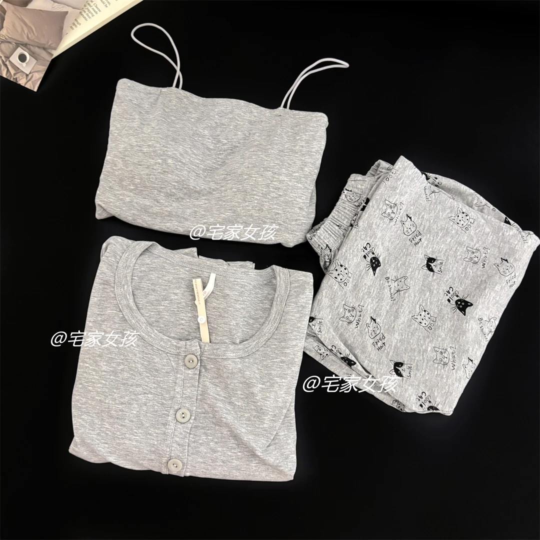 秋季新款莫代尔棉纯欲吊带三件套睡衣女带胸垫休闲长袖开衫家居服