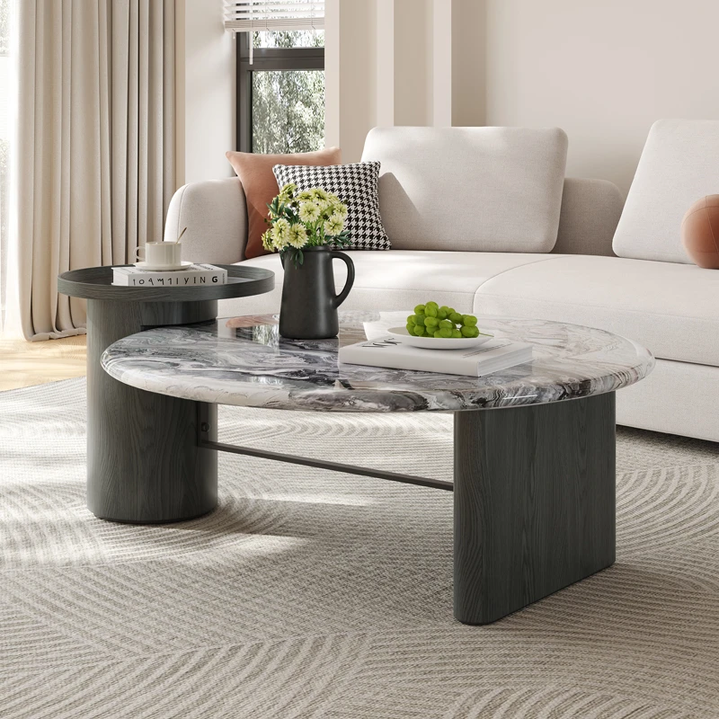 大理石小户型客厅圆形茶几意式极简轻奢设计师家用威尼斯棕