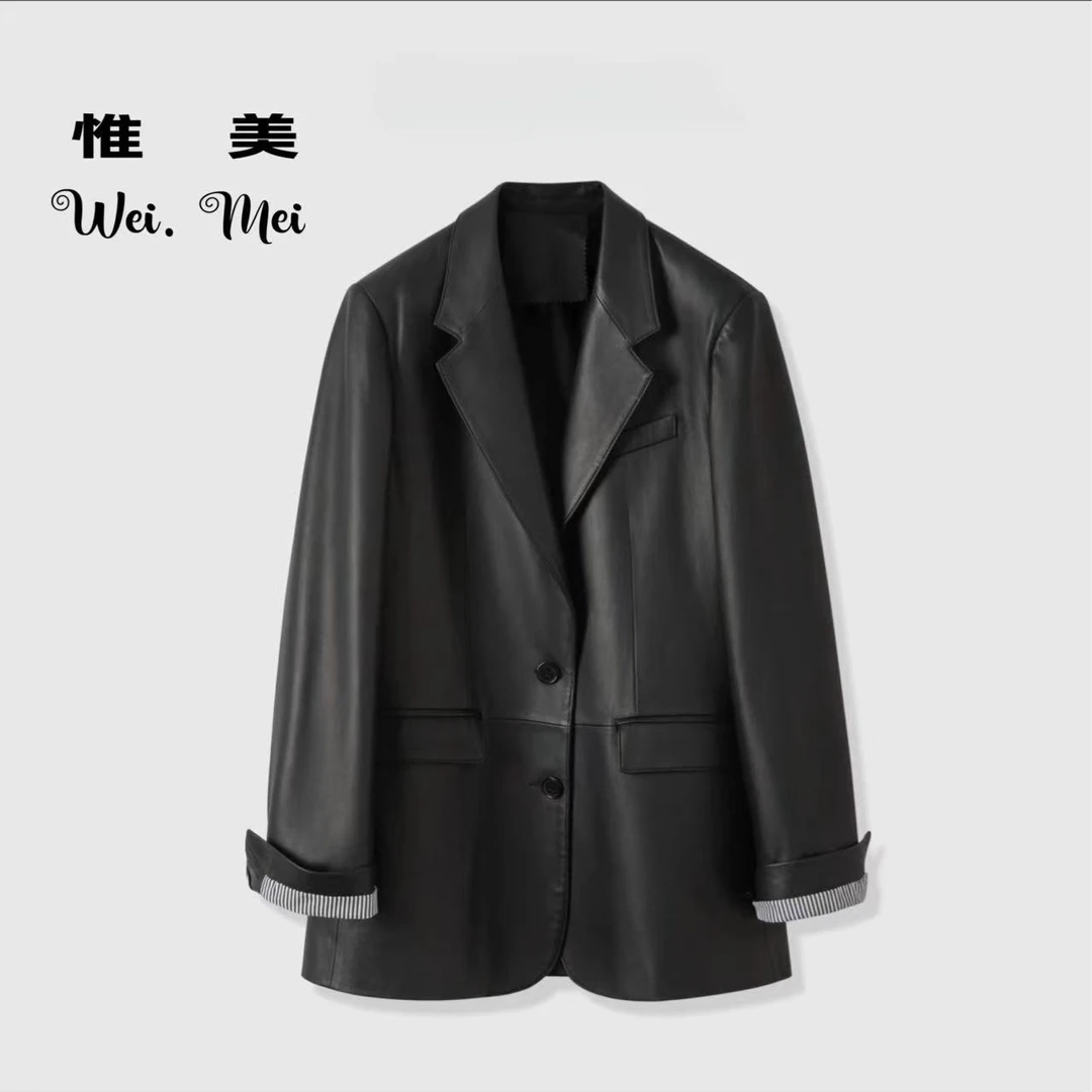 WE  海宁真皮绵羊皮廓形宽松版西装皮衣外套气质女款韩版