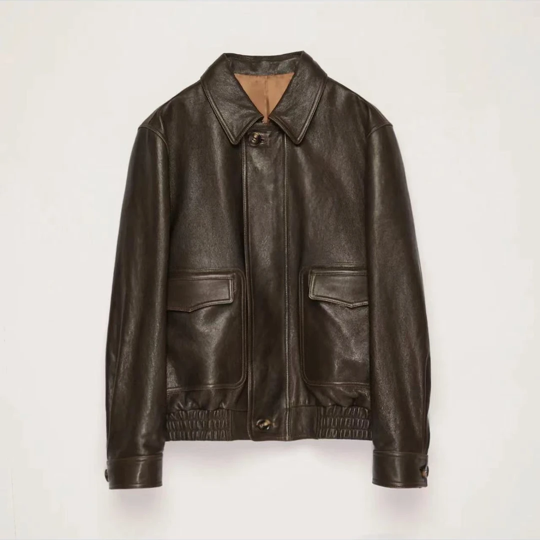 WE做旧植鞣工艺羔羊皮2025春秋复古棕色真皮皮衣外套夹克女女款
