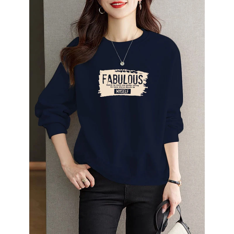 华棉无帽卫衣女圆领秋冬新款韩版时尚百搭宽松休闲洋气印花上衣潮